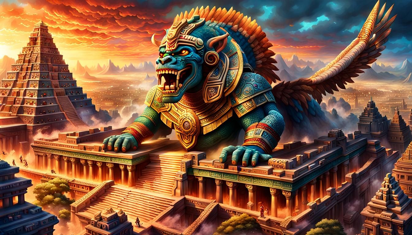 Aztec Masterpiece: Marduk vs Tiamat in Mythological Battle