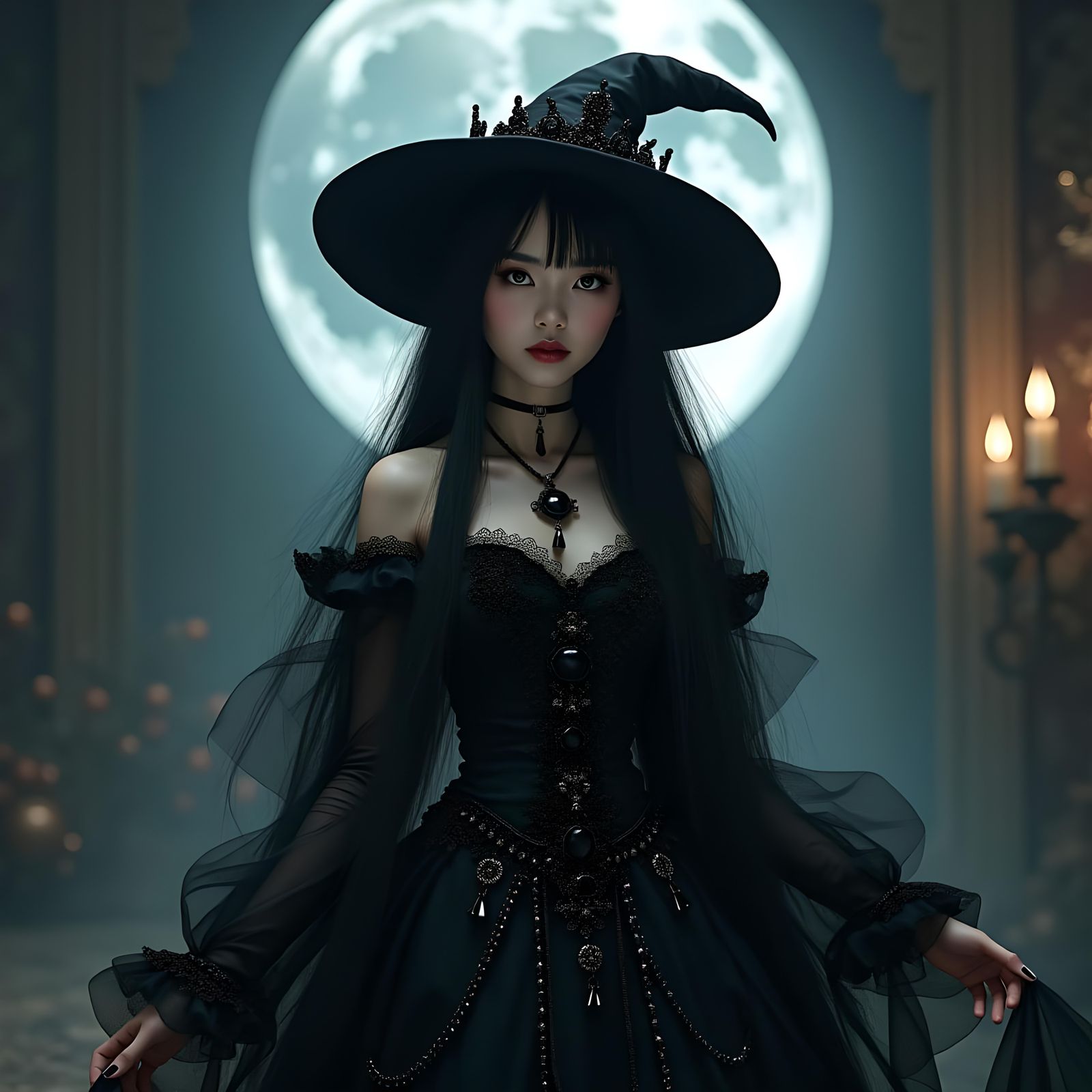 Young Asian Witch in Gothic Dress, Detailed Matte Painting