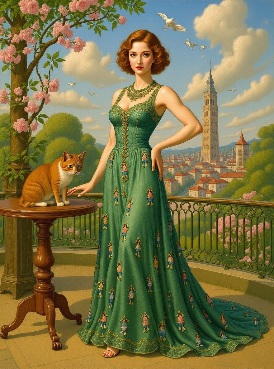 Elegant Woman in Art Nouveau Style with Cat