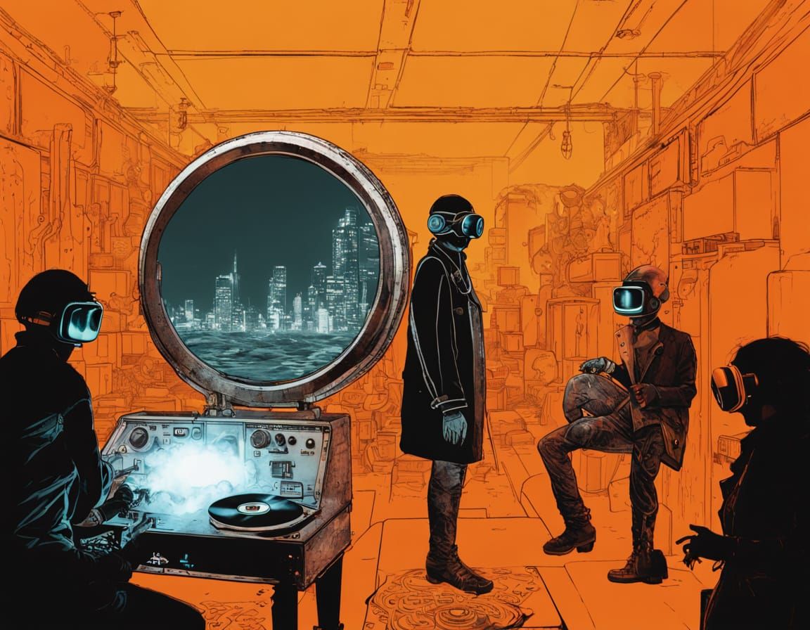 Surreal Cyberpunk Landscape with Ghosts and Cyber Fashion