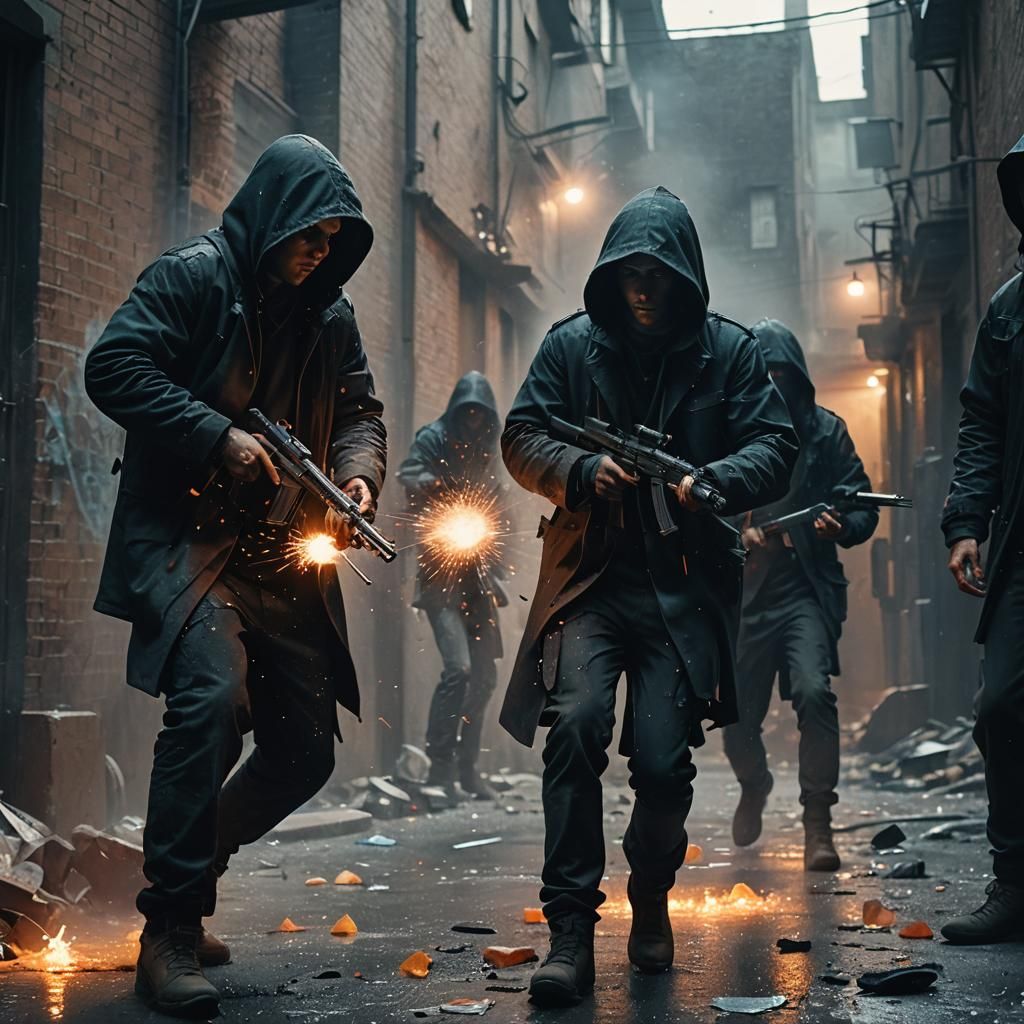 Intense Alley Gunfight in Cinematic Film Still