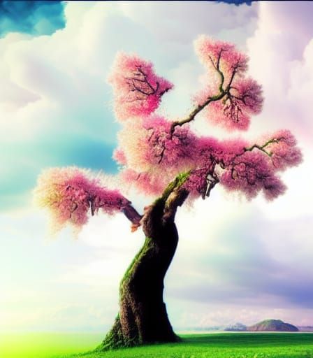 Colorful Blossom Tree Matte Painting Under Stormy Sky