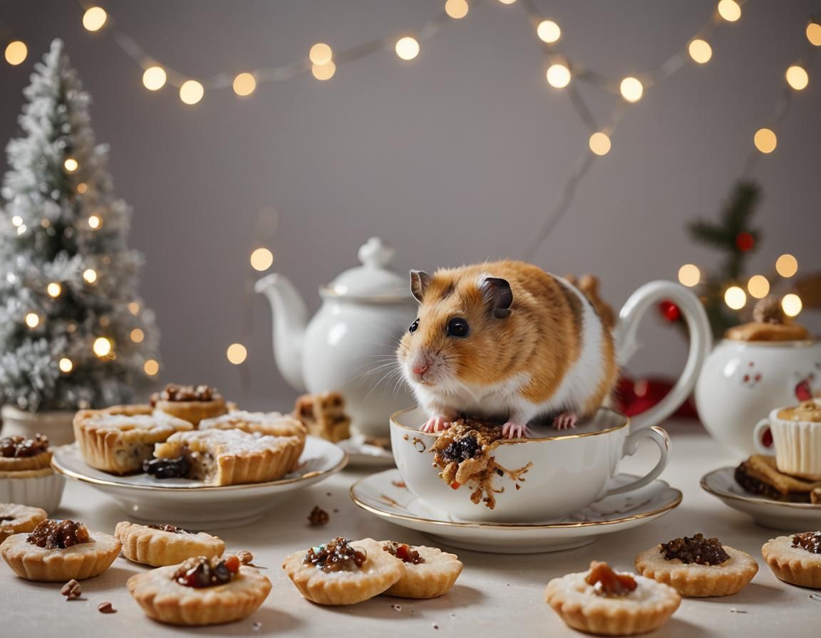 Festive Hamster in Teapot Amidst Christmas Treats