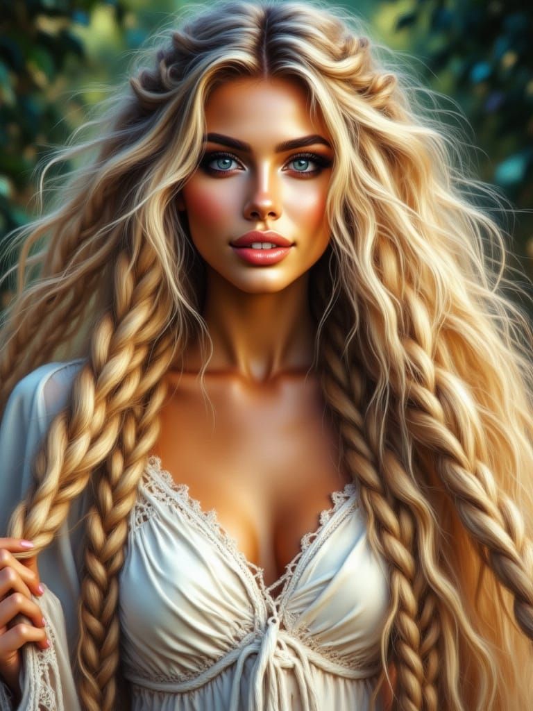 Blonde Woman with Long Rope Braids in White Gown