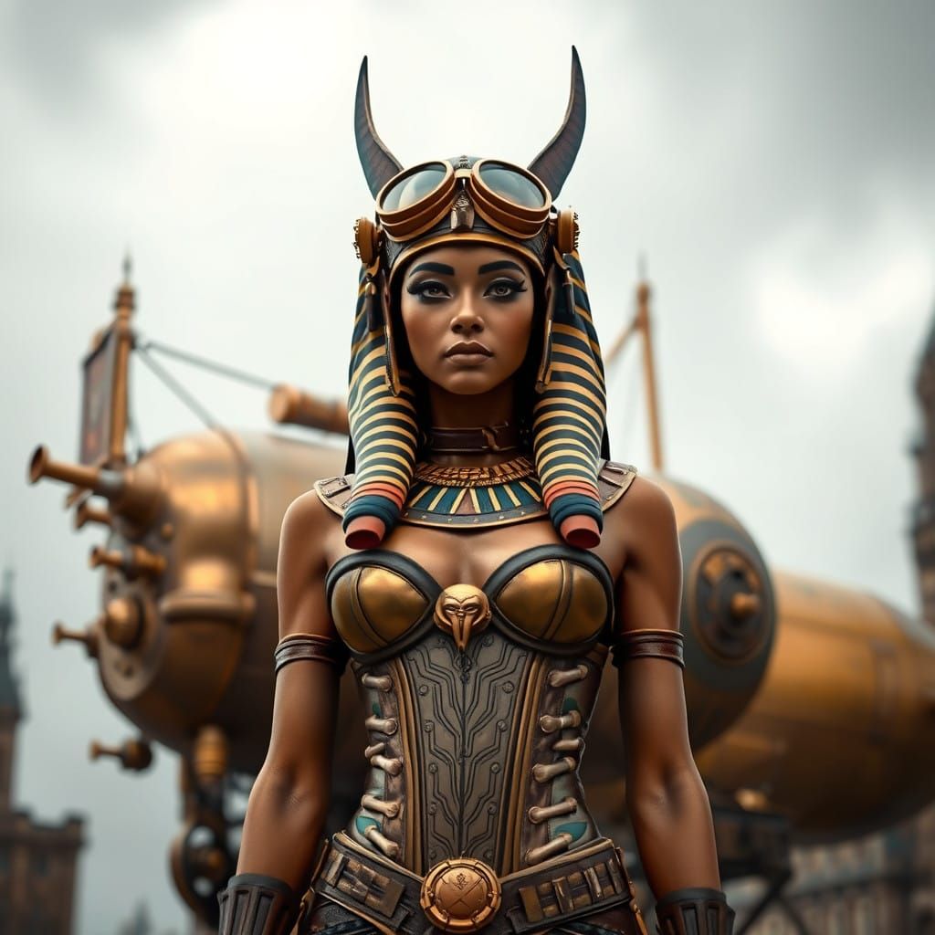 Egyptian Goddess Steampunk Aeronaut in Victorian London