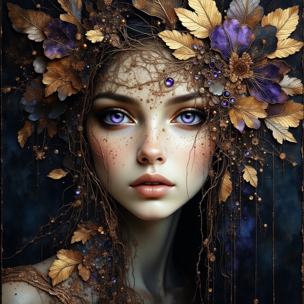 Woman's Face with Metallic Filigree and Watercolor Style