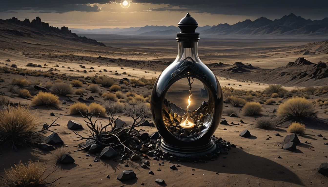 Sinister Light in Glass Phial, Dark Fantasy Landscape
