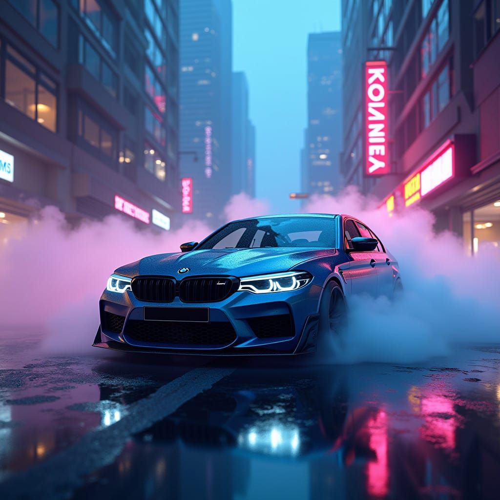BMW M5 CS in Neon-Lit Cityscape at Dusk
