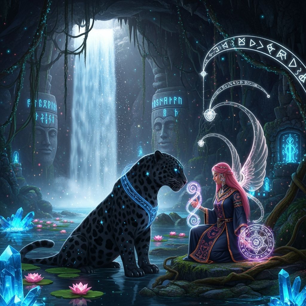 Goddess with Jaguar in Bioluminescent Cavern
