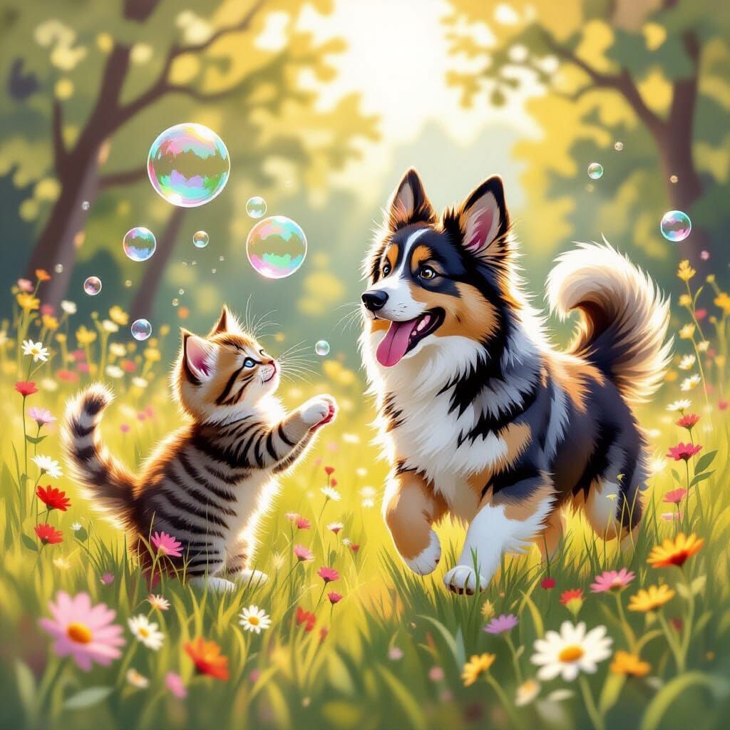 Kitten and German Shepherd Chase Bubbles in Meadow