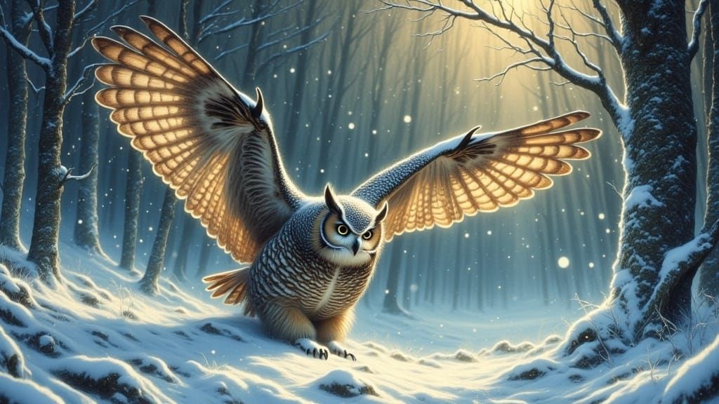 Whimsical Great Horned Owl in a Frosty Wonderland