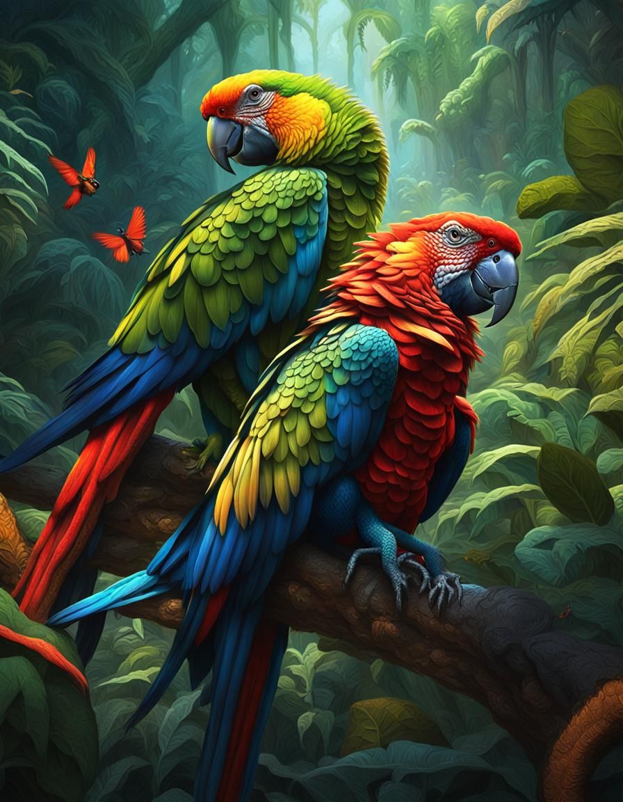 Jungle Parrots and Reptiles in Dark Fantasy Art