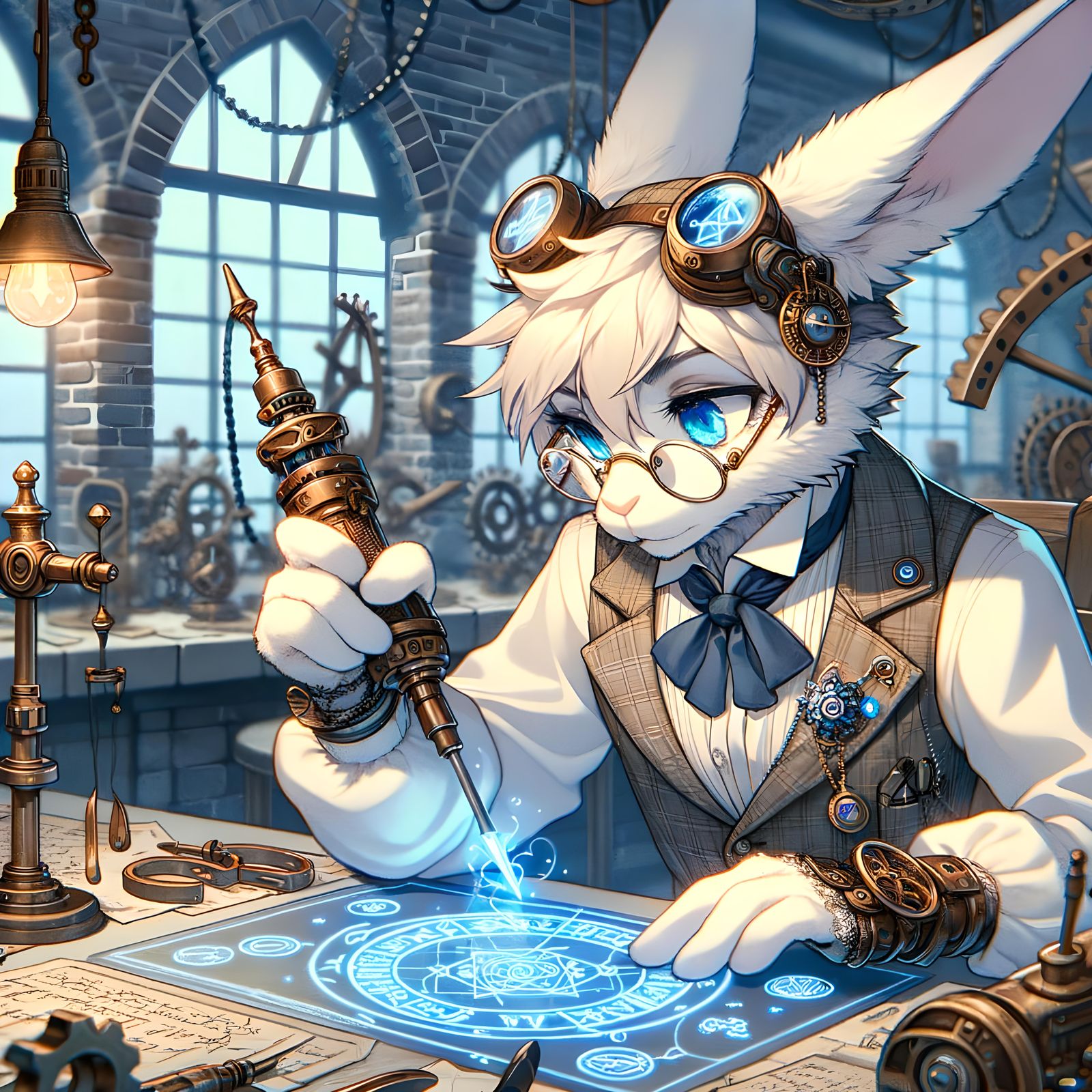 Anime Steampunk Rabbit Scientist Etching Runes
