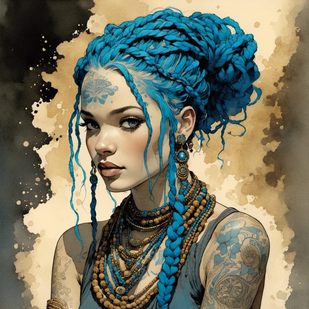 Blue-Haired Girl with Tattoos in Comic Style
