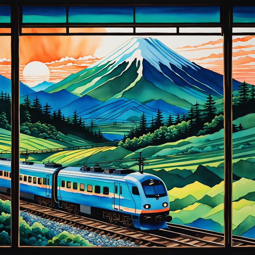 Train Rushes Through Mountains in Ukiyo-e Style