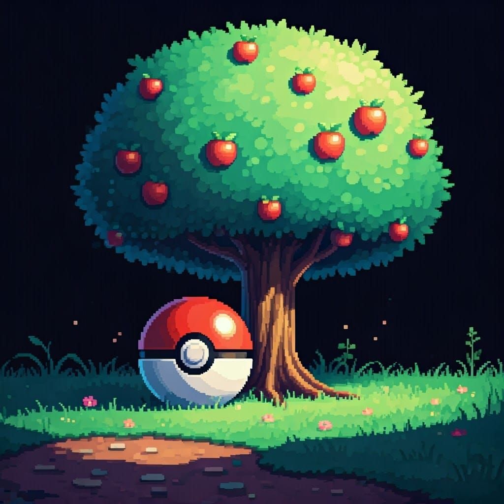 Detailed Pixel Art Pokeball Beside Apple Tree