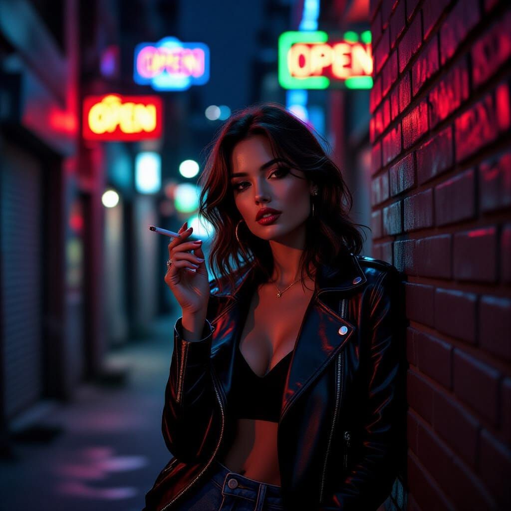 Woman Leaning in Neon-Lit Doorway at Night