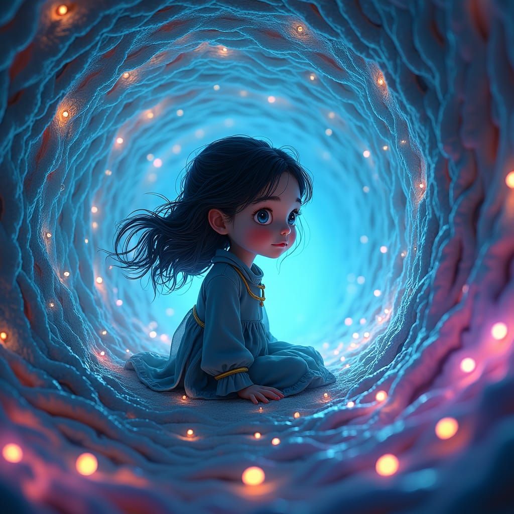 Coraline in Mystical Wormhole Tunnel: Fantasy Concept Art