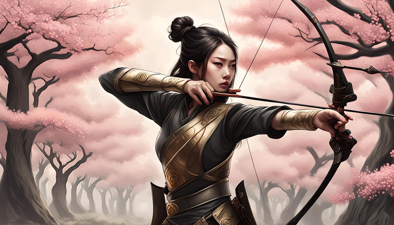 Japanese Archer in Sakura Forest: Digital Art