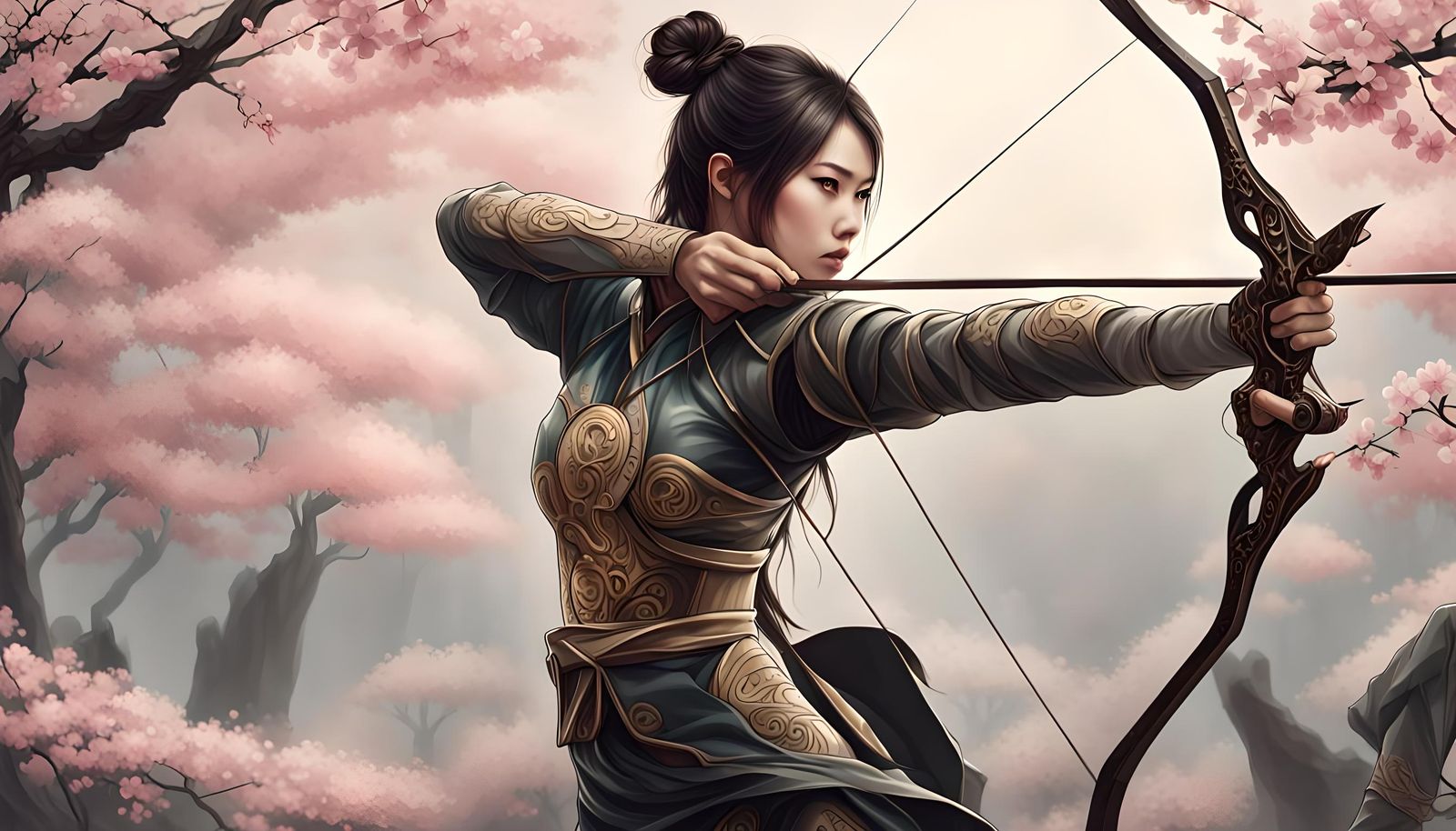 Japanese Archer in Sakura Forest: Detailed Digital Art