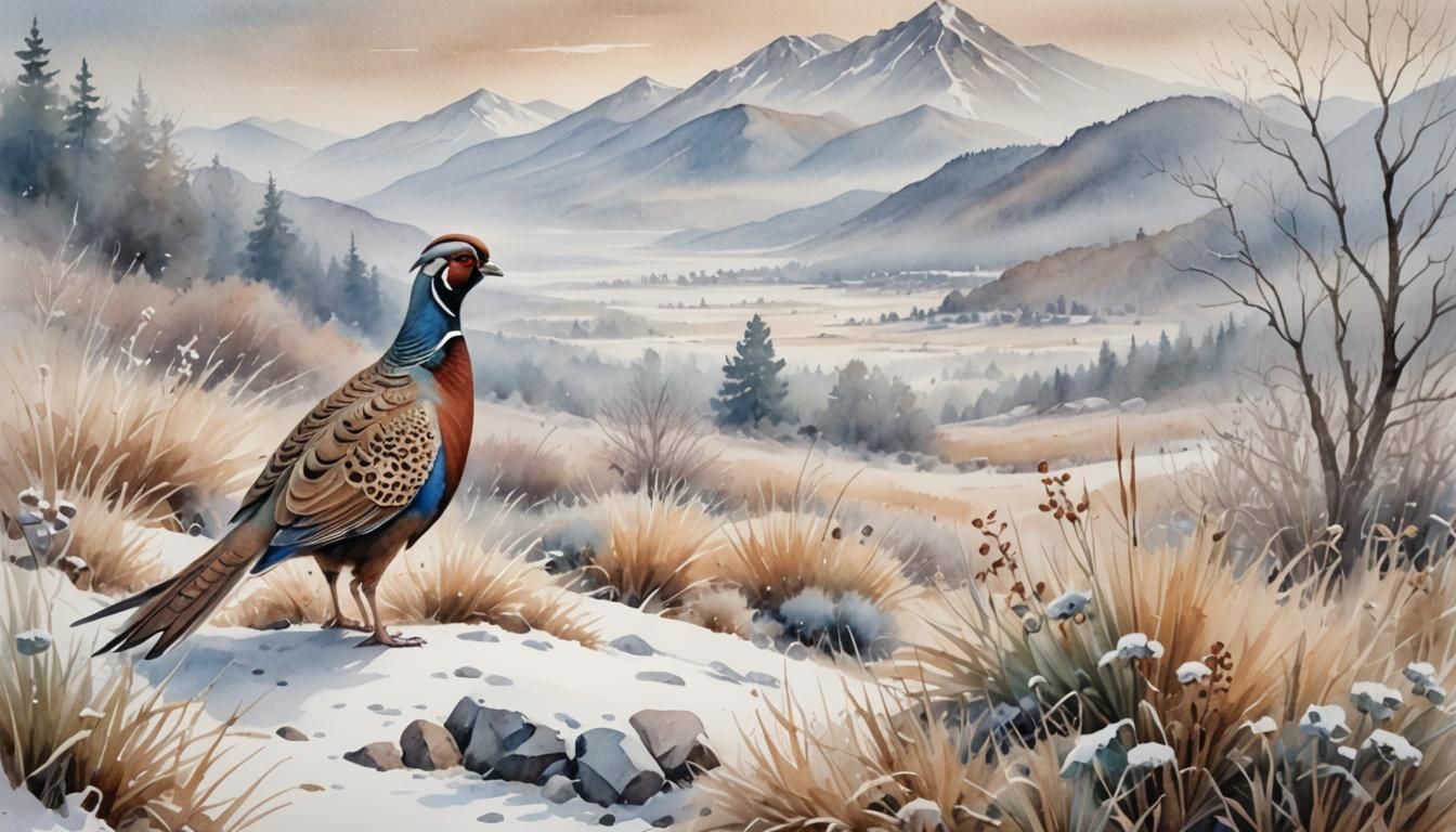 Pheasants in Snowy Landscape: Watercolor Painting