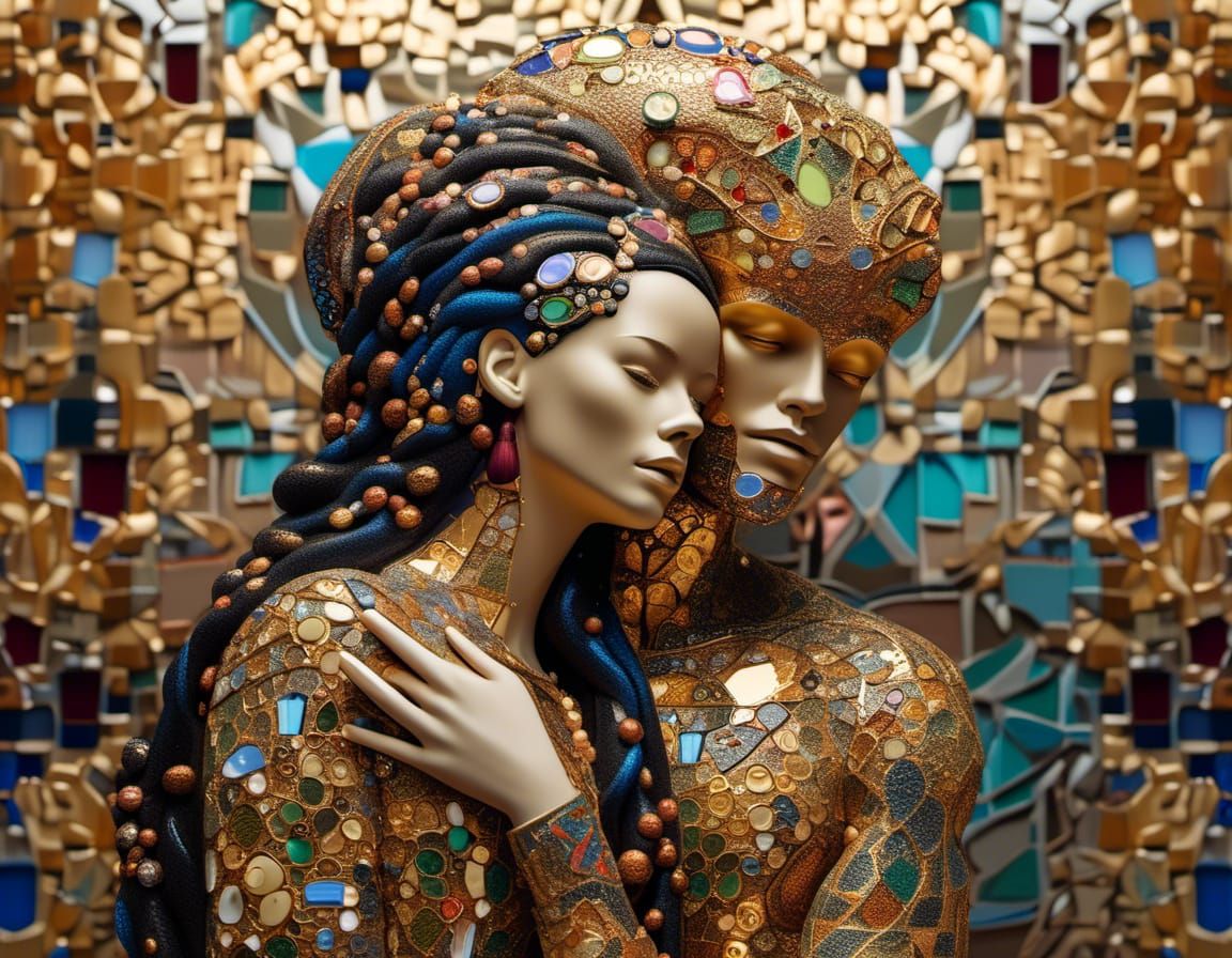 Golden Embrace: 3D Art Nouveau Mosaic