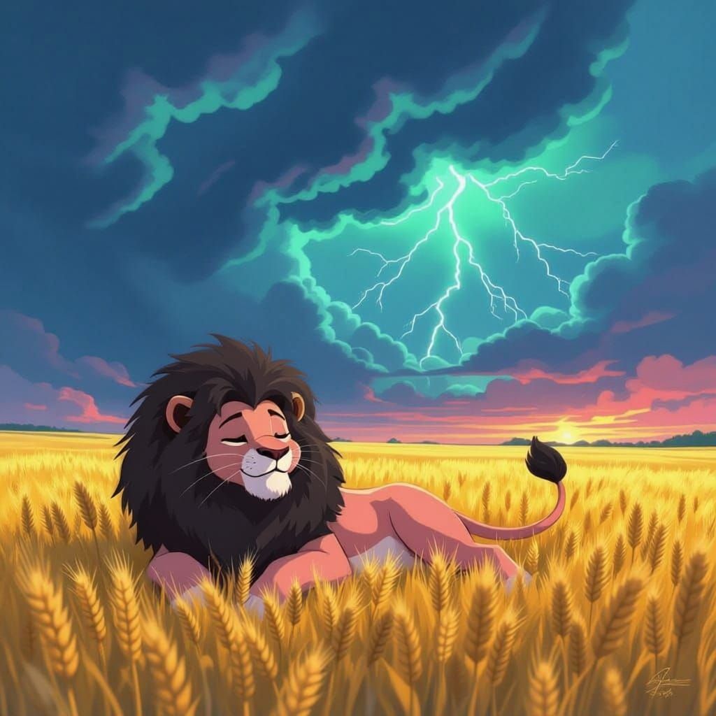 Pink Lion in Stormy Field, Studio Ghibli Inspired