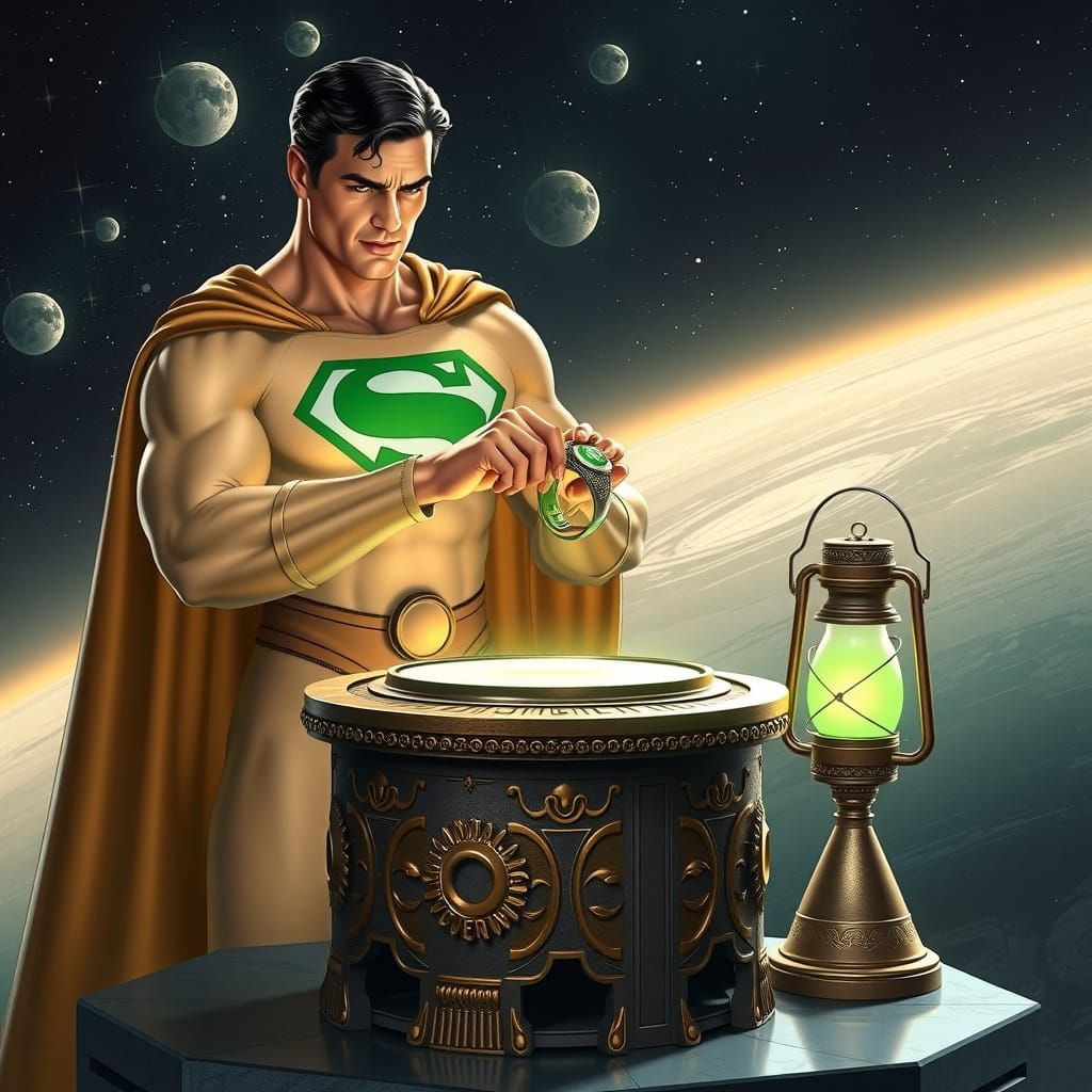 Hercules Superman Grabs Green Lantern Ring in Cosmic Space