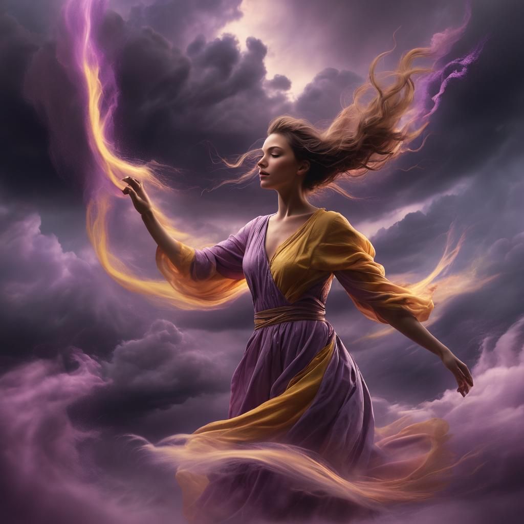 Luminous Figure Dancing in Stormy Clouds: Digital Matte Pain...
