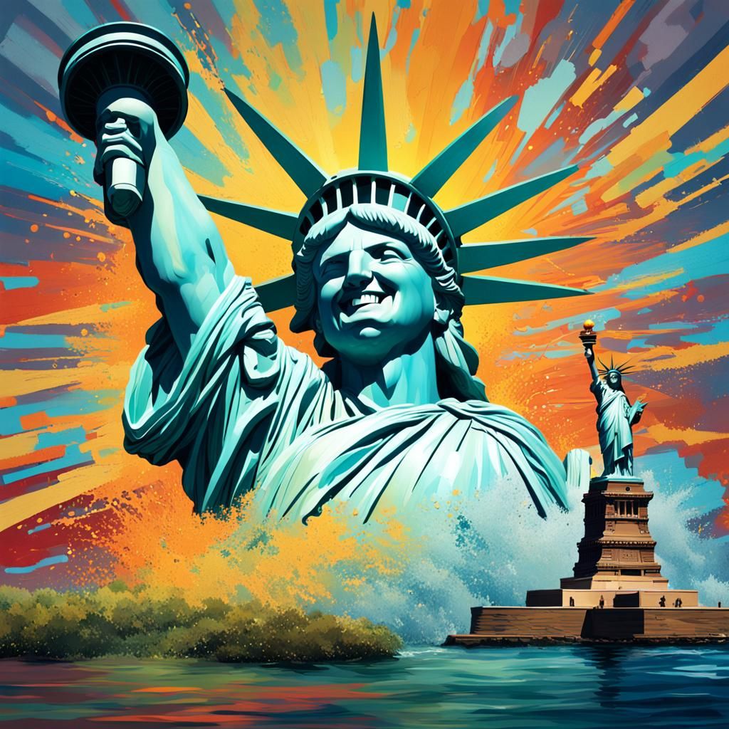 Laughing Statue of Liberty in Hyperrealistic Splash Art