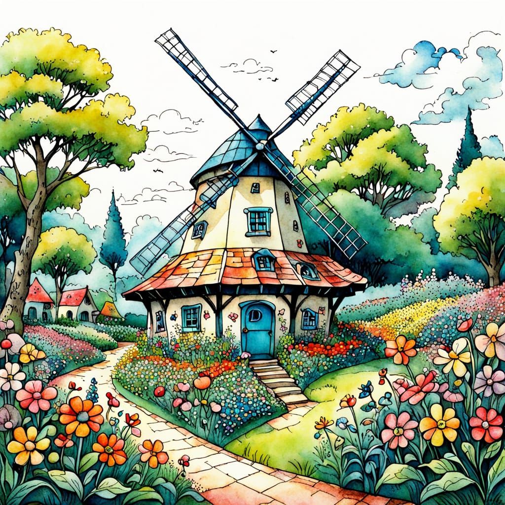 Whimsical Windmill in a Flower Garden