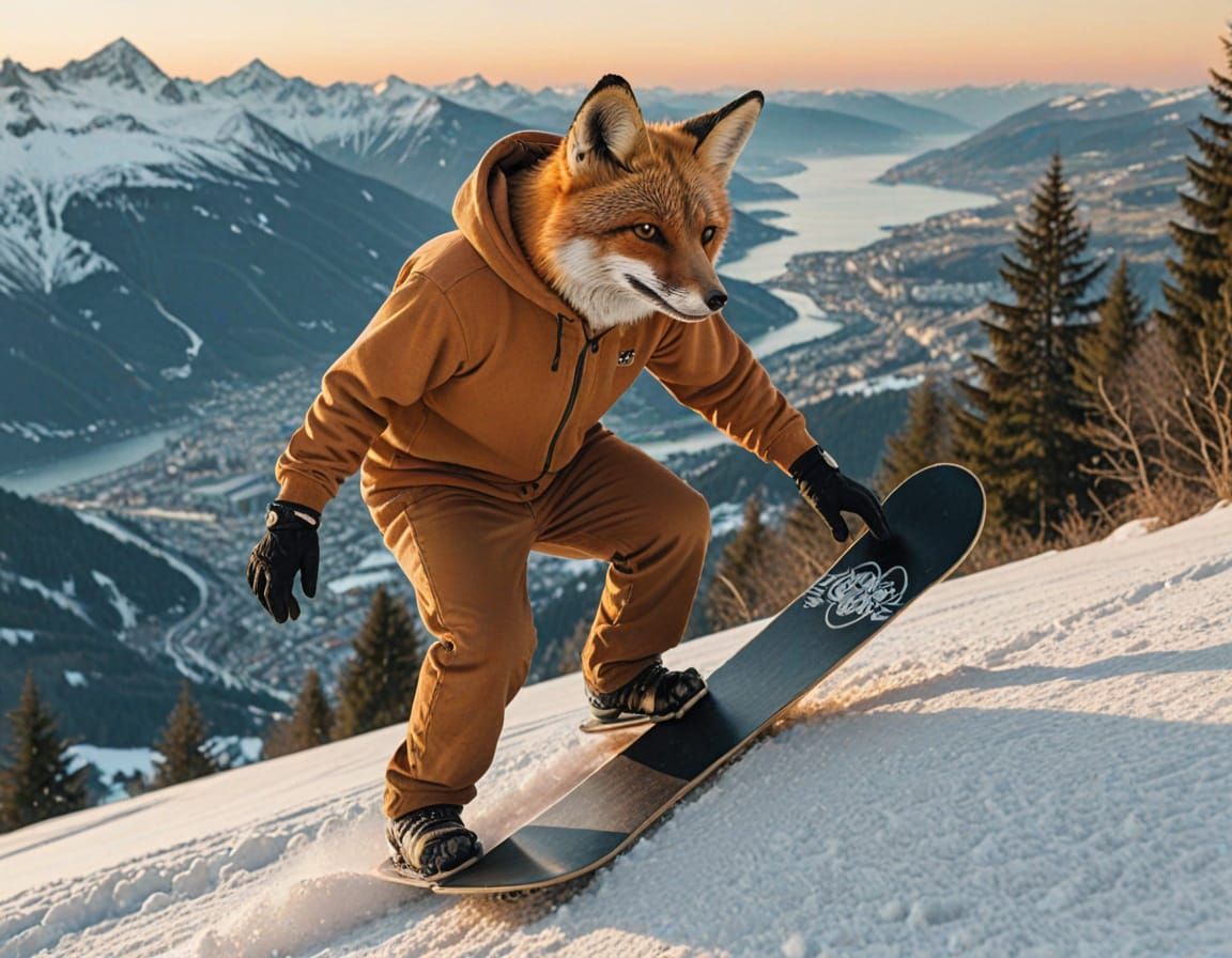 Hooded Fox Snowboarding in Switzerland - Hyper-Realistic Dig...