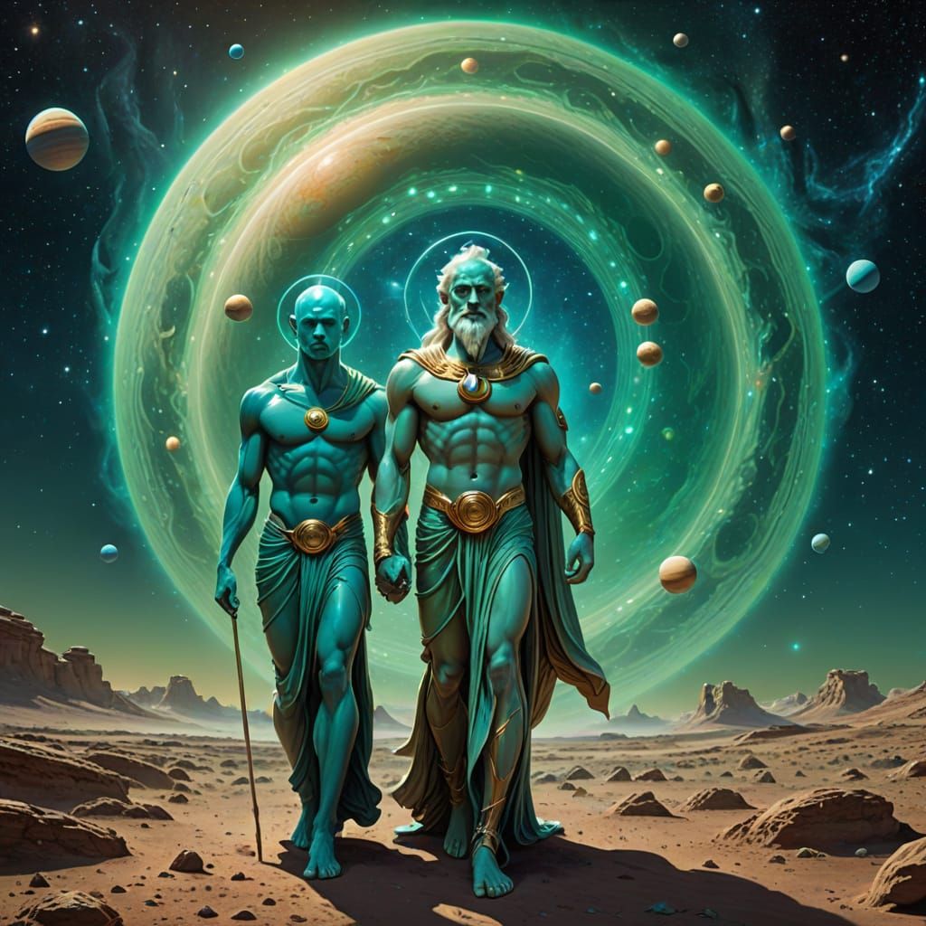 Gods of Saturn and Uranus Walk Through the Starry Cosmos