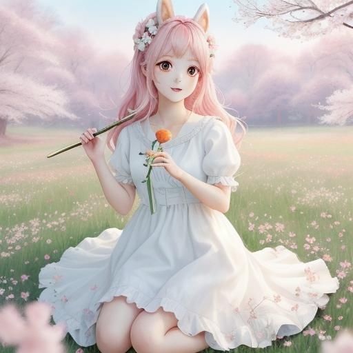 Kawaii Anime Baby Bunny Goddess in Meadow