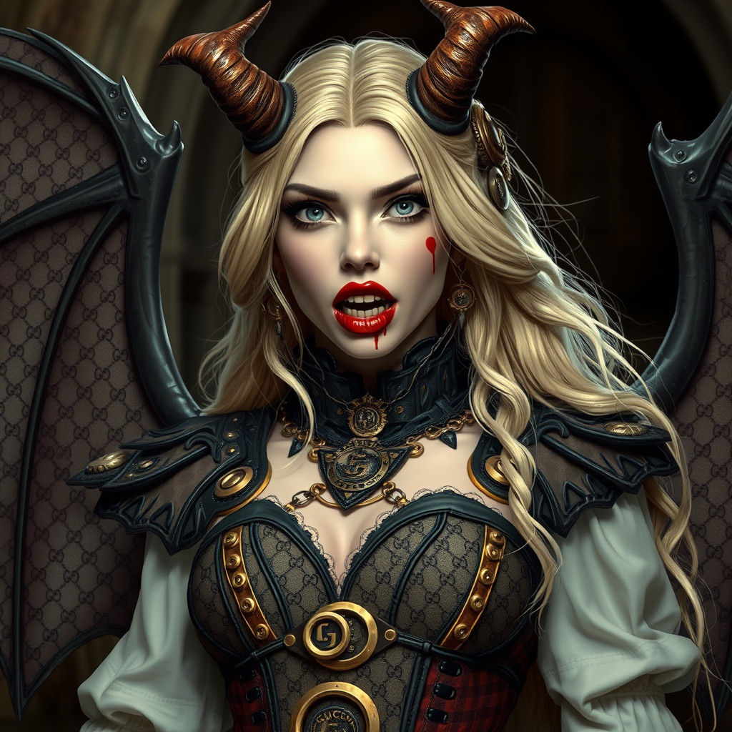 Blonde vampire teeth blood evil. Steampunk 
Horns wings Gucci