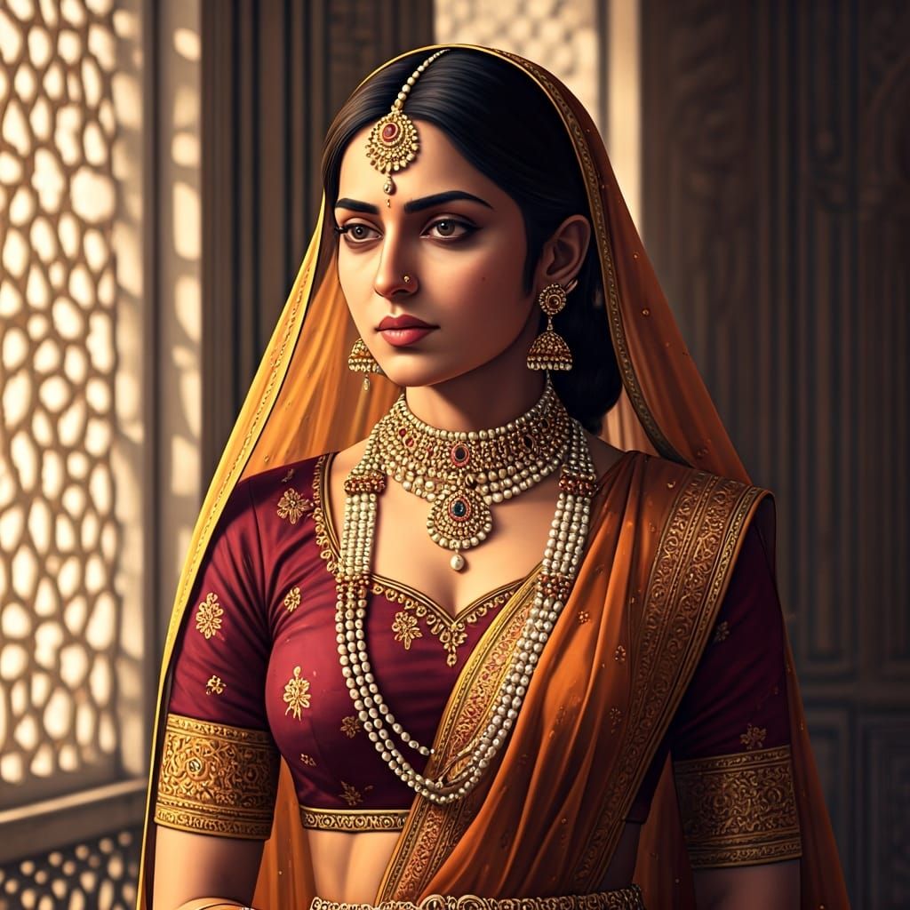 Mughal Empress in Jewel-Toned Miniature Style