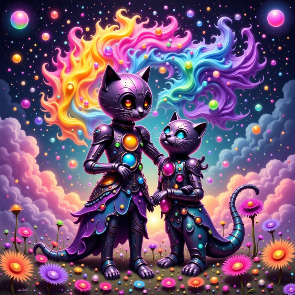 Cosmic Robot and Kitty in Celestialpunk Style