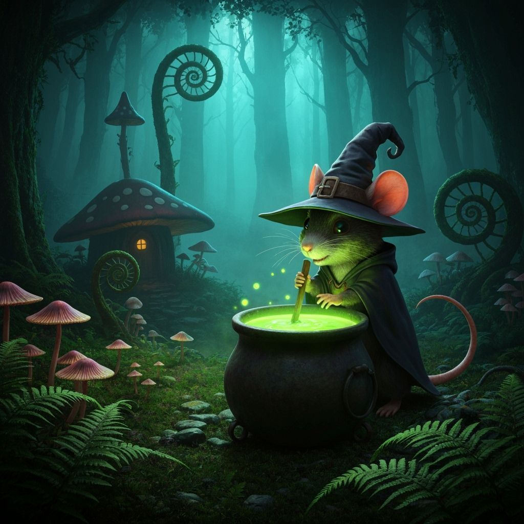 Mushroom Witch Mouse in Luminous Forest