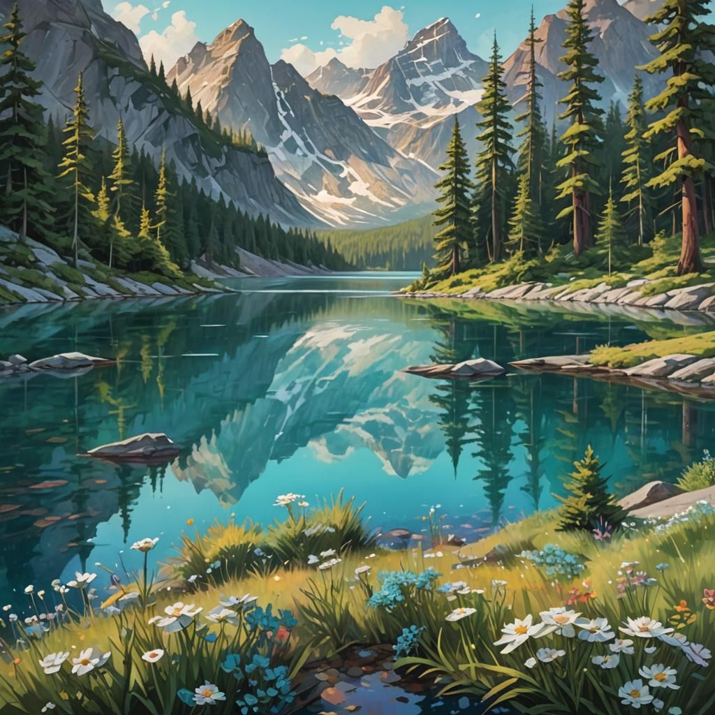 Turquoise Lake Landscape in Dreamlike Oil Painting Style