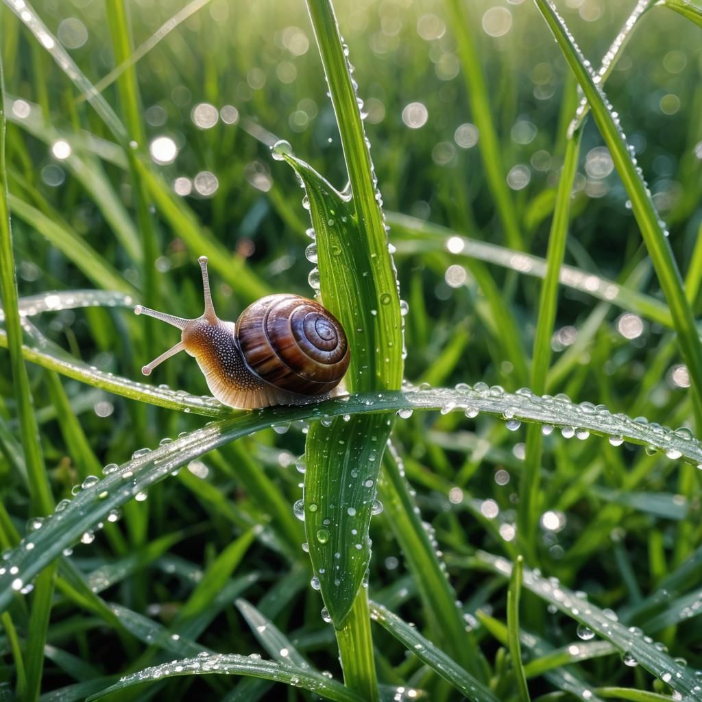 Macro Photo of Snail on Dewy Grass