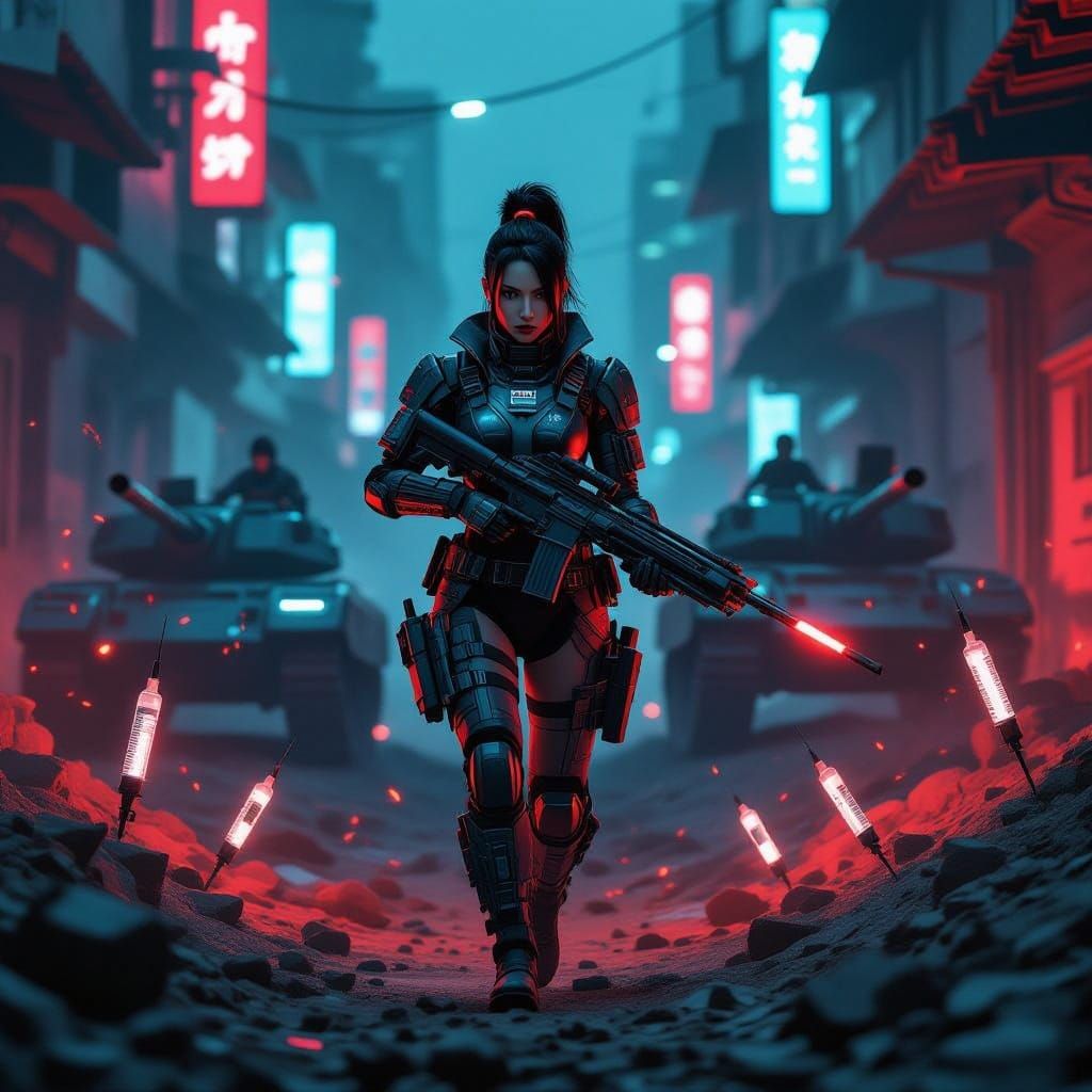 Cyberpunk Warrior Battles Tanks in Neon Trench