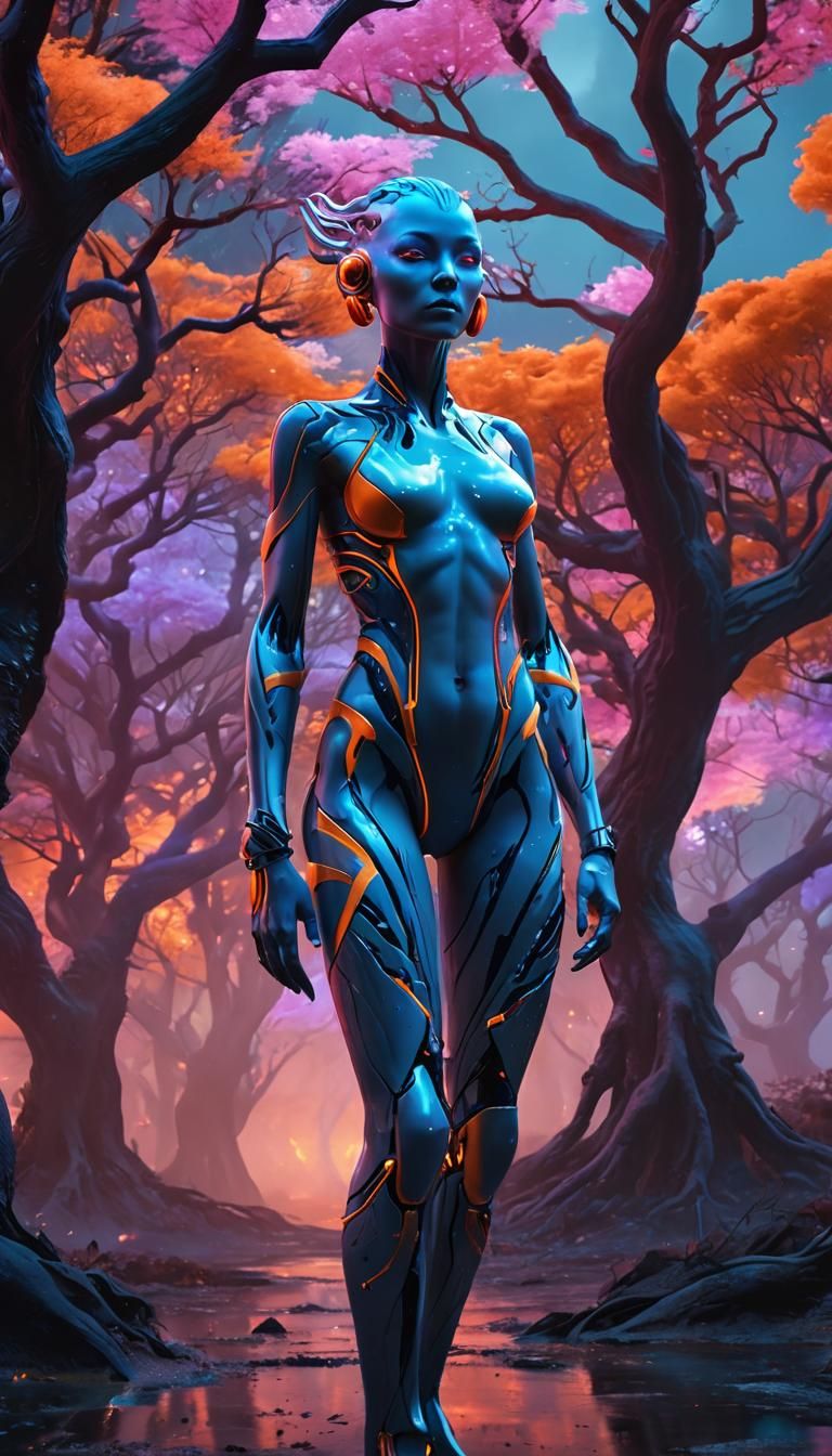 Surreal Cyberpunk Alien in Hypnotic, Glowing Landscape