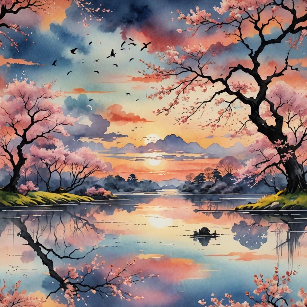 Vibrant Flowery Meadow with Cherry Blossom Sunset