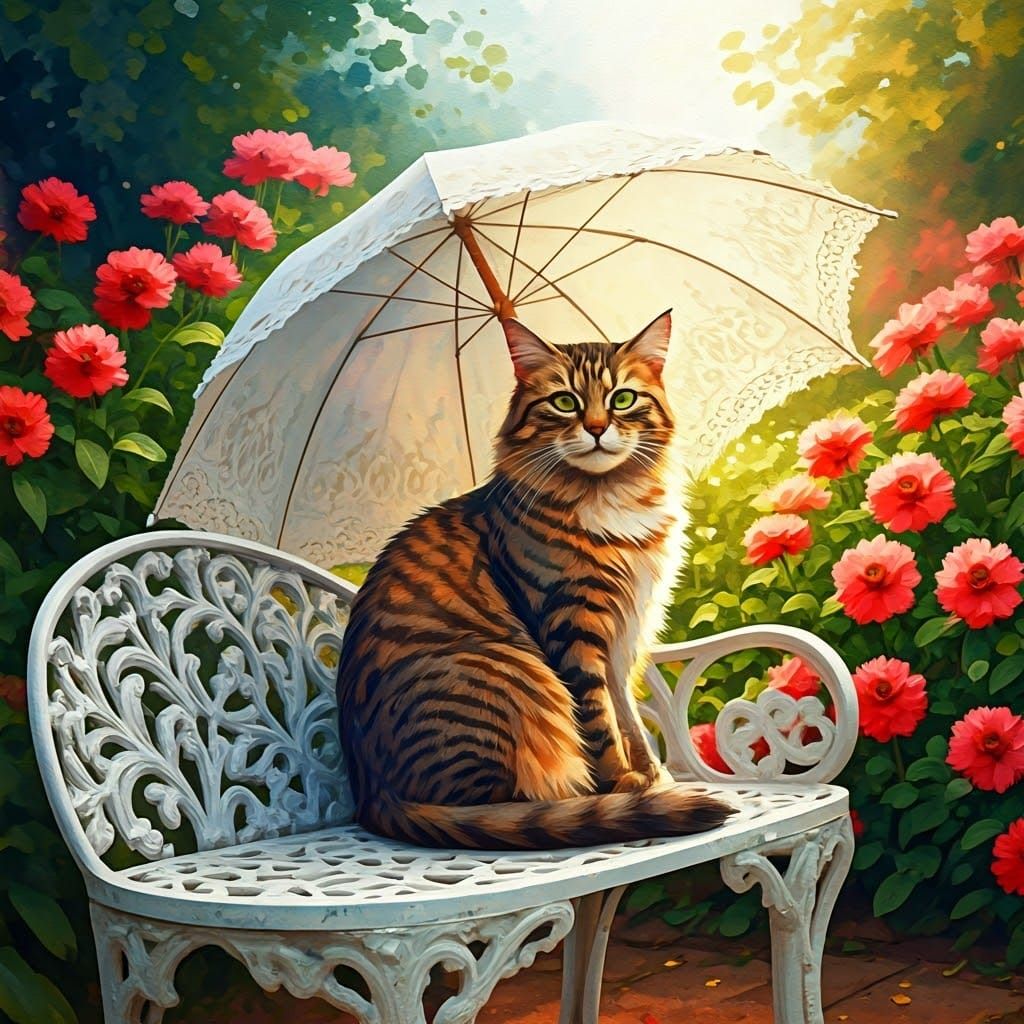English Garden Scene with Sleek Cat and Elegant Parasol