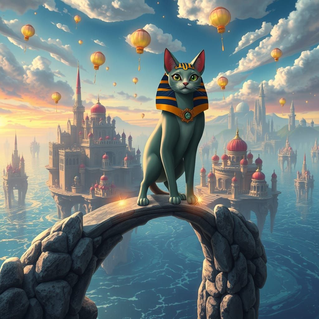 Surreal Floating City with Mystical Sphinx Cat