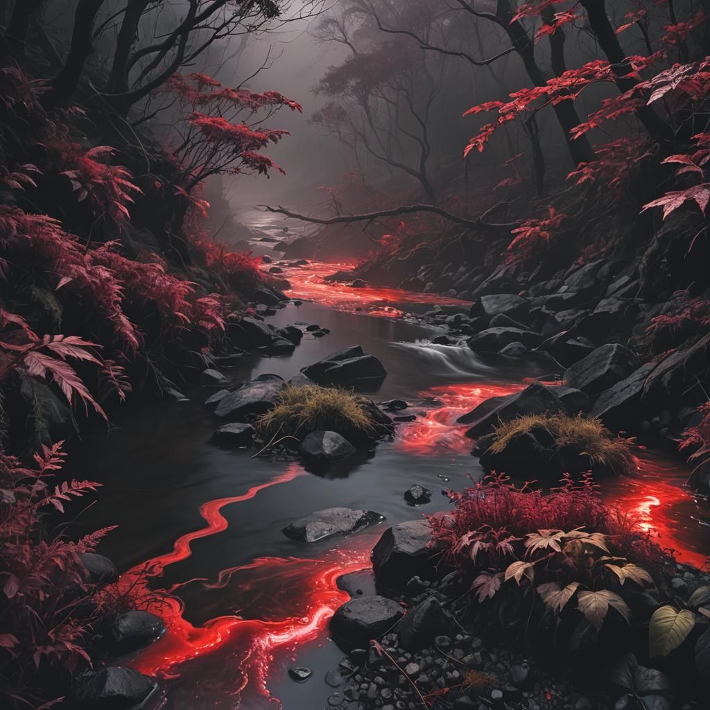 Mystical Crimson River in Misty Valley