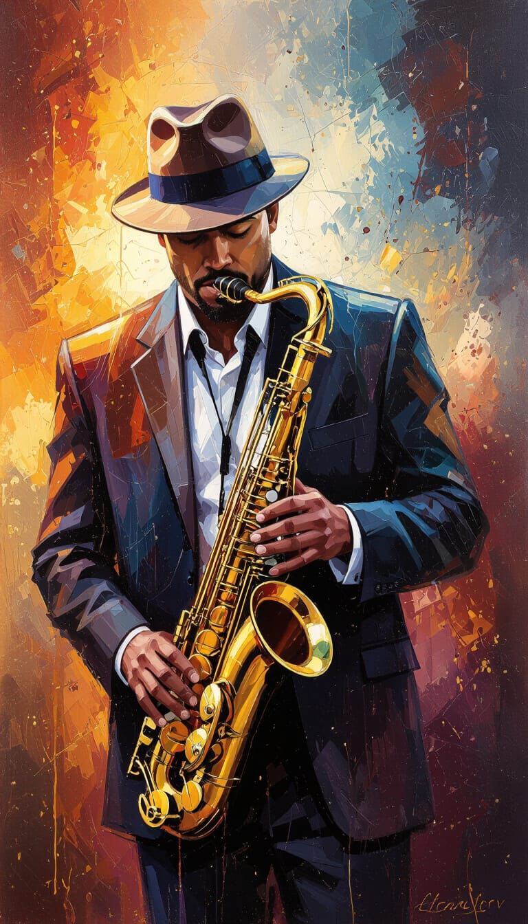 Jazz Musician Playing Saxophone in Abstract Expressionism