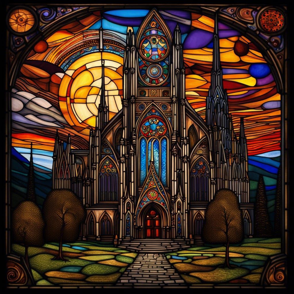 Epic Gothic Cathedral in Scottish Landscape, Klimt Style