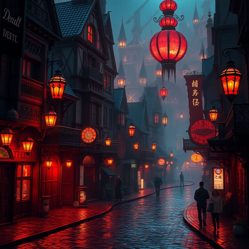 Steampunk Cityscape at Dusk in Crimson and Gold
