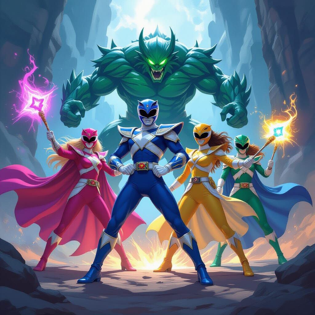 Power Rangers Team With Magical Staffs Fighting Monster